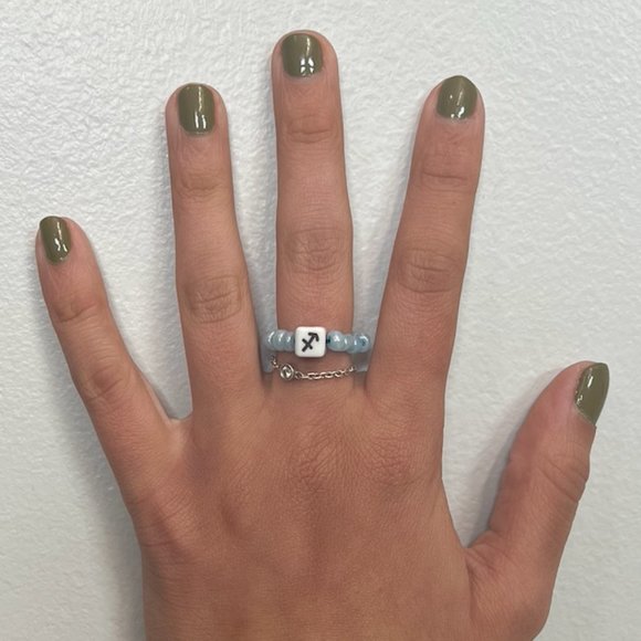 "SAGITTARIUS" HOROSCOPE BEADED RING, ONE SIZE, LIGHT BLUE BEADS - Picture 2 of 2